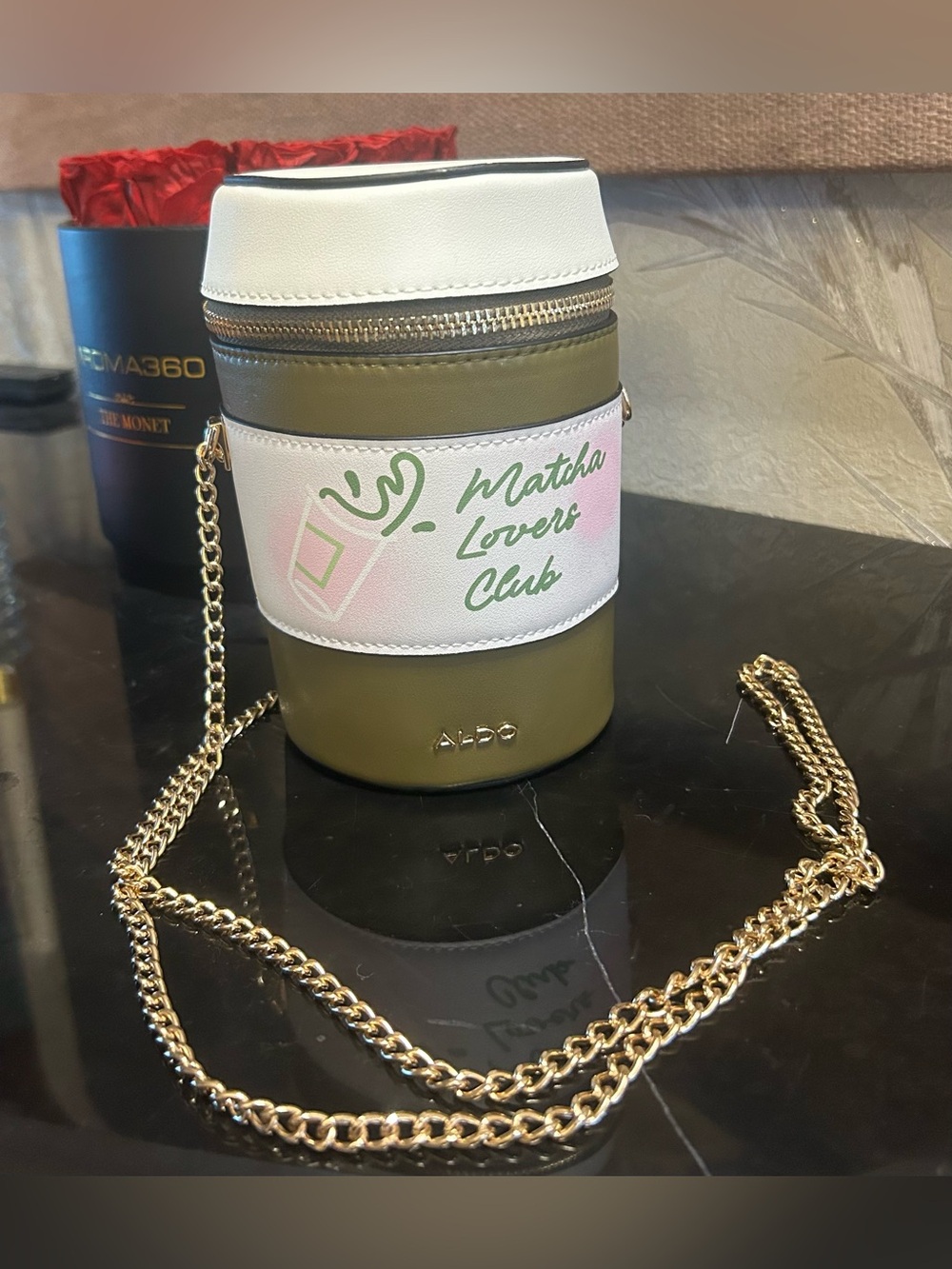 Aldo Olive Green Matcha Lovers Club Crossbody Bottle Bag with Gold Chain